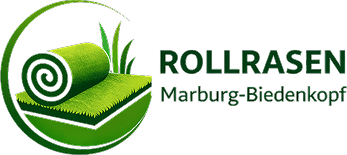 Logo von Rollrasen Marburg-Biedenkopf mit einer Rolle Rasen und stilisierten Grashalmen.