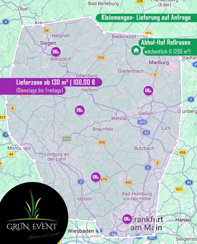 Karte mit Lieferzonen und Abholorten für Rollrasen in der Umgebung von Frankfurt am Main.